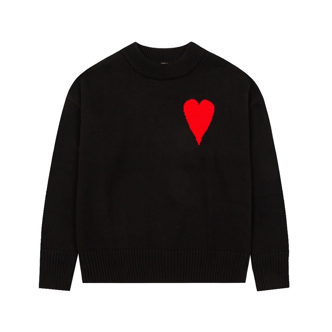 Big heart embroidered round neck sweater casual and versatile