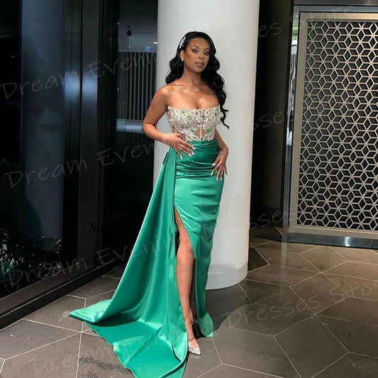Fascinating Mermaid Pretty Women's Evening Dresses Classic Strapless Sleeveless Prom Gowns Side Split Beaded Vestido De Noche - CHRISTDEST GLOBAL SERVICE