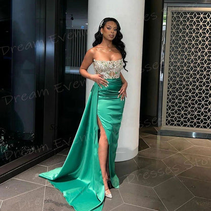 Fascinating Mermaid Pretty Women's Evening Dresses Classic Strapless Sleeveless Prom Gowns Side Split Beaded Vestido De Noche - CHRISTDEST GLOBAL SERVICE