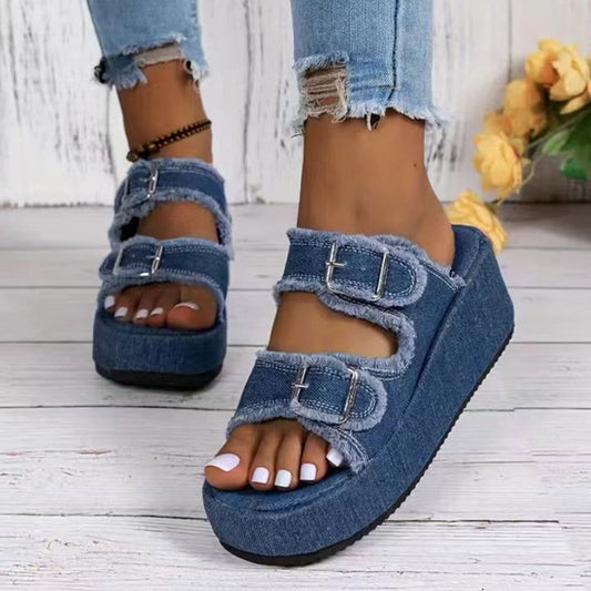 Fashion Denim Buckle Wedges Sandals Summer Outdoor High Heel Slippers Thick Bottom Camouflage Shoes For Women - CHRISTDEST GLOBAL SERVICE