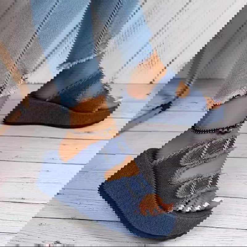 Fashion Denim Buckle Wedges Sandals Summer Outdoor High Heel Slippers Thick Bottom Camouflage Shoes For Women - CHRISTDEST GLOBAL SERVICE