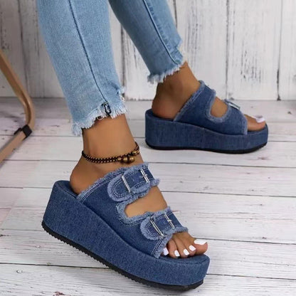 Fashion Denim Buckle Wedges Sandals Summer Outdoor High Heel Slippers Thick Bottom Camouflage Shoes For Women - CHRISTDEST GLOBAL SERVICE