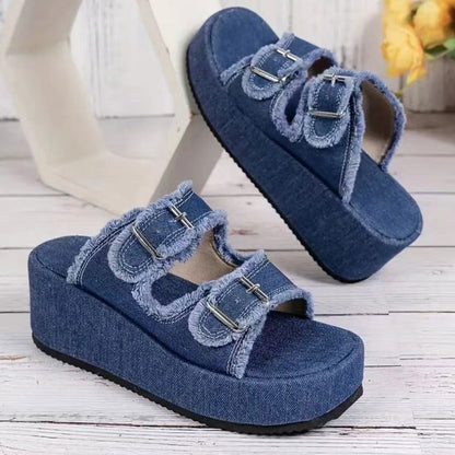 Fashion Denim Buckle Wedges Sandals Summer Outdoor High Heel Slippers Thick Bottom Camouflage Shoes For Women - CHRISTDEST GLOBAL SERVICE