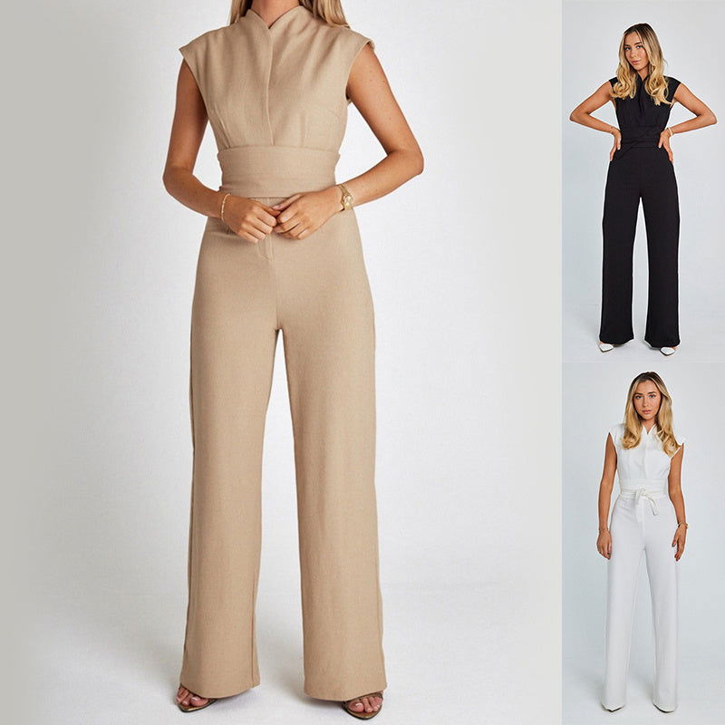Fashion Elegant Long Sleeveless Jumpsuit Summer V-neck Casual Wide Leg Long Overalls Clothing For Women - CHRISTDEST GLOBAL SERVICE