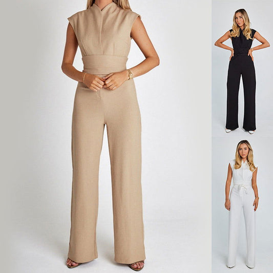 Fashion Elegant Long Sleeveless Jumpsuit Summer V-neck Casual Wide Leg Long Overalls Clothing For Women - CHRISTDEST GLOBAL SERVICE