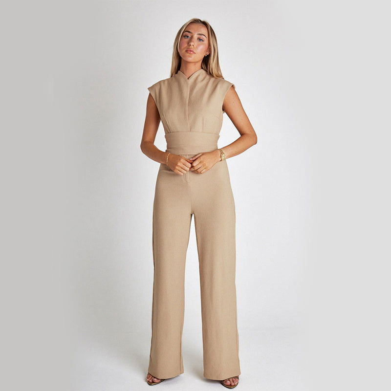 Fashion Elegant Long Sleeveless Jumpsuit Summer V-neck Casual Wide Leg Long Overalls Clothing For Women - CHRISTDEST GLOBAL SERVICE