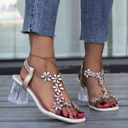 Fashion Flowers Sandals With Transparent High Square Heels Summer Square Toe Shoes For Women - CHRISTDEST GLOBAL SERVICE