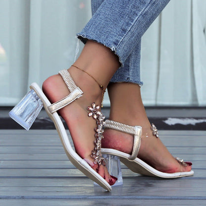 Fashion Flowers Sandals With Transparent High Square Heels Summer Square Toe Shoes For Women - CHRISTDEST GLOBAL SERVICE