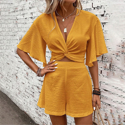 Fashion Loose Suits For Women V-neck Ruffle Sleeve Short-sleeved Top And Shorts Summer Two-piece Set Clothing - CHRISTDEST GLOBAL SERVICE