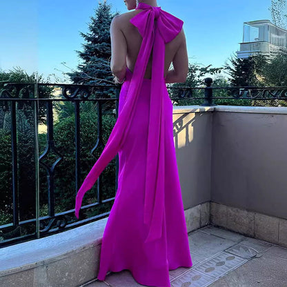 Fashion Purely Rose Red Half-empty Long Dress Without Back - CHRISTDEST GLOBAL SERVICE