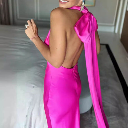 Fashion Purely Rose Red Half-empty Long Dress Without Back - CHRISTDEST GLOBAL SERVICE