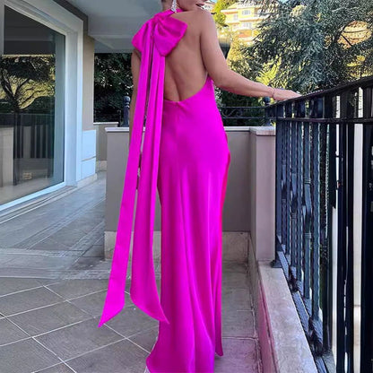 Fashion Purely Rose Red Half-empty Long Dress Without Back - CHRISTDEST GLOBAL SERVICE