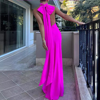 Fashion Purely Rose Red Half-empty Long Dress Without Back - CHRISTDEST GLOBAL SERVICE