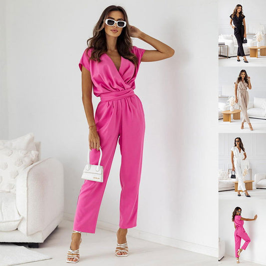 Fashion Solid Color Slimming Short-sleeved Jumpsuit Summer Lace-up Trousers Womens Clothing - CHRISTDEST GLOBAL SERVICE