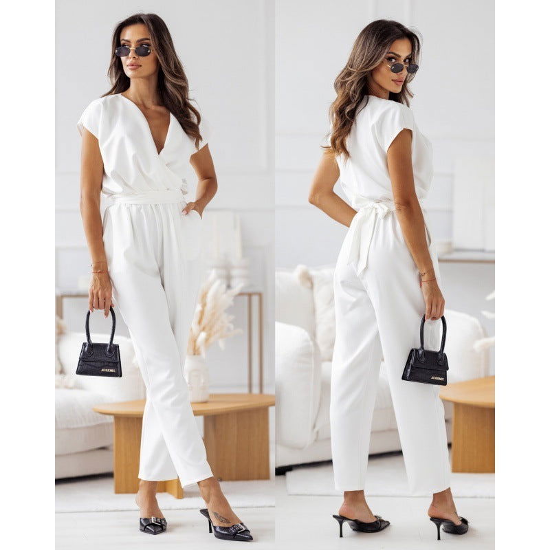 Fashion Solid Color Slimming Short-sleeved Jumpsuit Summer Lace-up Trousers Womens Clothing - CHRISTDEST GLOBAL SERVICE