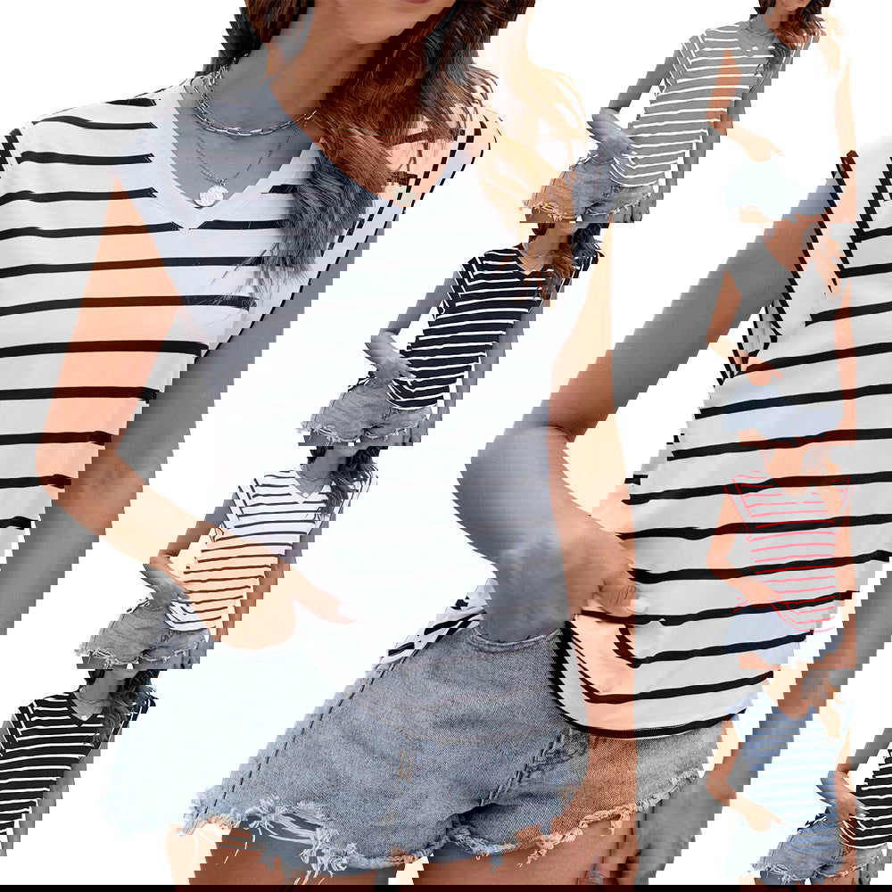 Fashion Stripe Print V-neck Short-sleeved T-Shirt Summer Loose Tank Top Womens Clothing - CHRISTDEST GLOBAL SERVICE