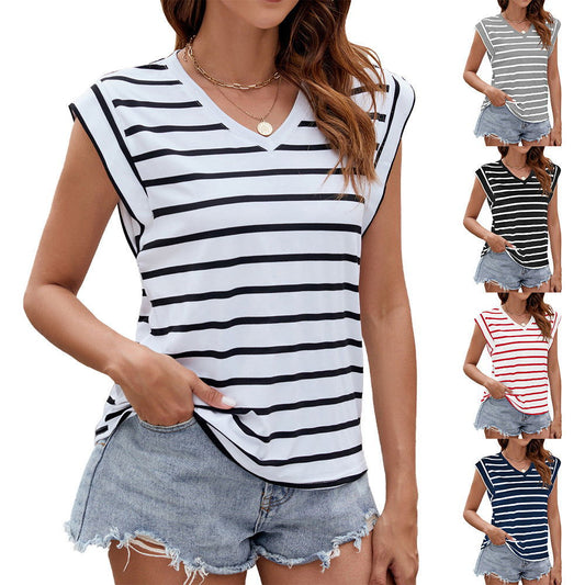 Fashion Stripe Print V-neck Short-sleeved T-Shirt Summer Loose Tank Top Womens Clothing - CHRISTDEST GLOBAL SERVICE