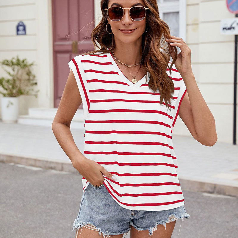 Fashion Stripe Print V-neck Short-sleeved T-Shirt Summer Loose Tank Top Womens Clothing - CHRISTDEST GLOBAL SERVICE