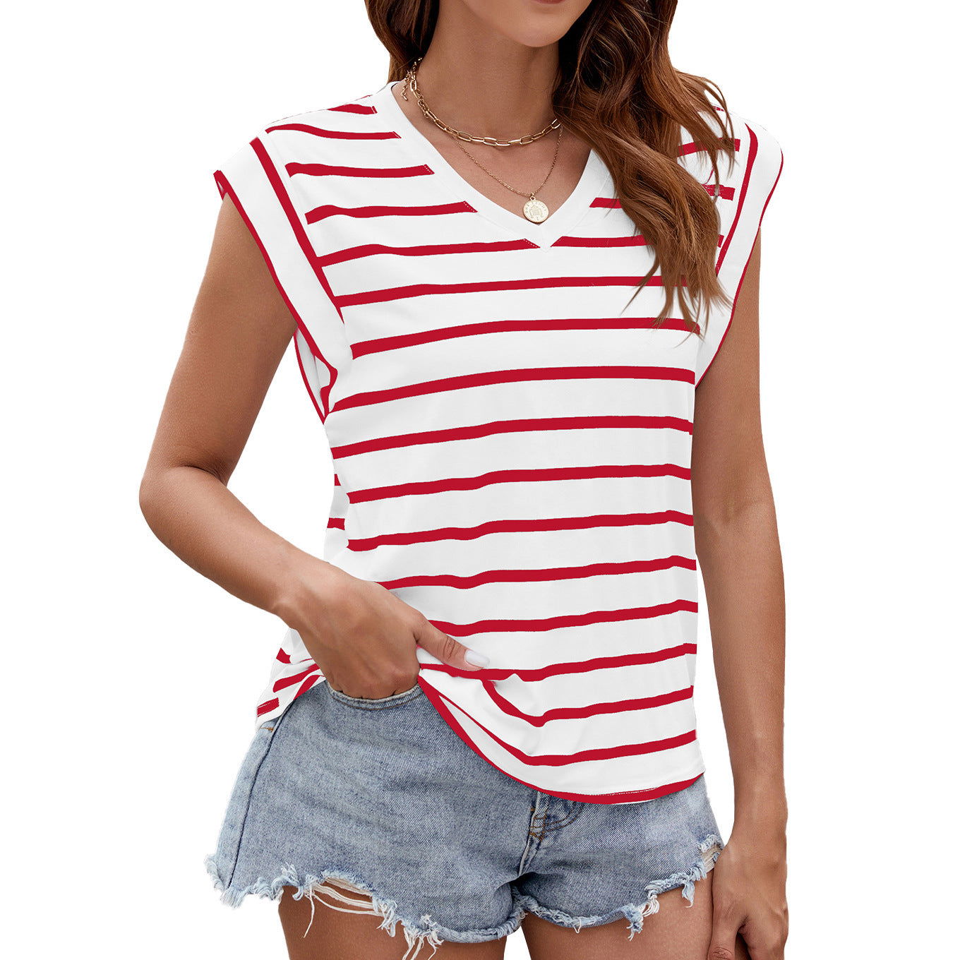 Fashion Stripe Print V-neck Short-sleeved T-Shirt Summer Loose Tank Top Womens Clothing - CHRISTDEST GLOBAL SERVICE