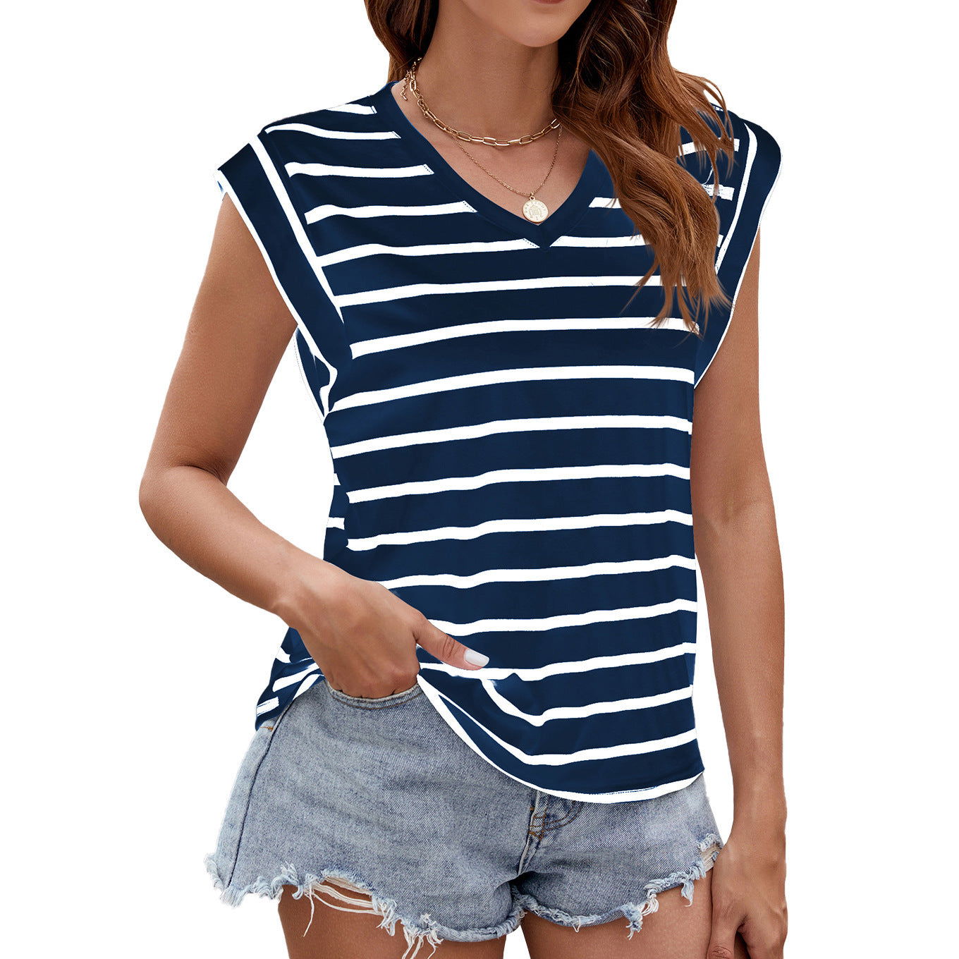 Fashion Stripe Print V-neck Short-sleeved T-Shirt Summer Loose Tank Top Womens Clothing - CHRISTDEST GLOBAL SERVICE