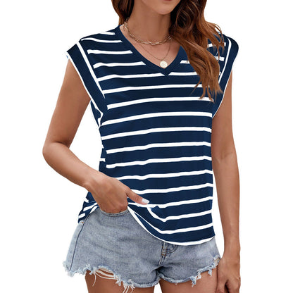 Fashion Stripe Print V-neck Short-sleeved T-Shirt Summer Loose Tank Top Womens Clothing - CHRISTDEST GLOBAL SERVICE
