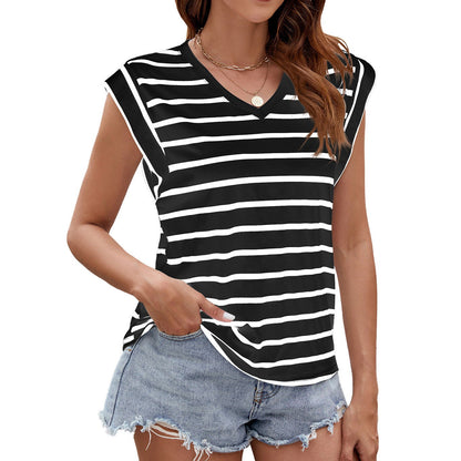 Fashion Stripe Print V-neck Short-sleeved T-Shirt Summer Loose Tank Top Womens Clothing - CHRISTDEST GLOBAL SERVICE