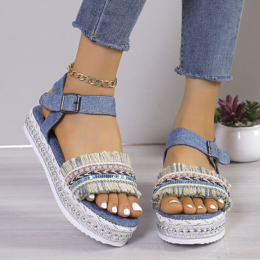 Fashion Tassel Denim Sandals With Thick-soled Flat Heel New Summer Hemp Rope Sole Ethnic Style Shoes For Women - CHRISTDEST GLOBAL SERVICE