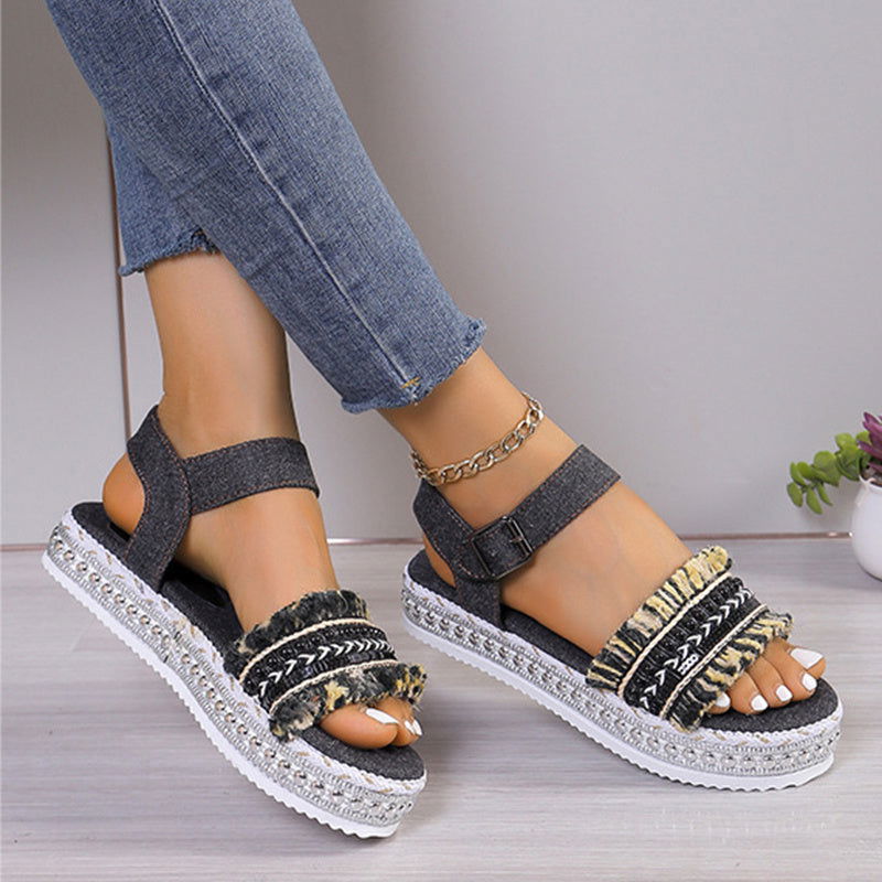 Fashion Tassel Denim Sandals With Thick-soled Flat Heel New Summer Hemp Rope Sole Ethnic Style Shoes For Women - CHRISTDEST GLOBAL SERVICE