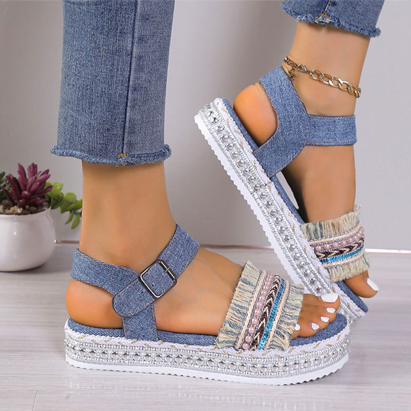 Fashion Tassel Denim Sandals With Thick-soled Flat Heel New Summer Hemp Rope Sole Ethnic Style Shoes For Women - CHRISTDEST GLOBAL SERVICE