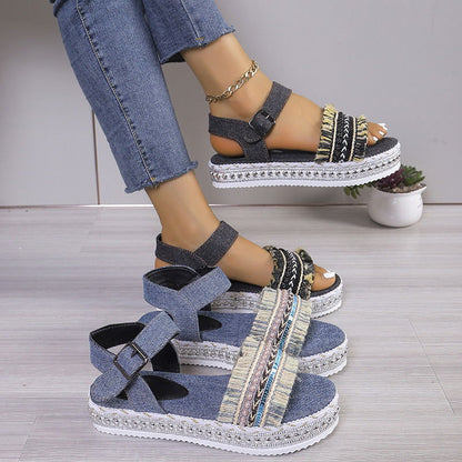 Fashion Tassel Denim Sandals With Thick-soled Flat Heel New Summer Hemp Rope Sole Ethnic Style Shoes For Women - CHRISTDEST GLOBAL SERVICE