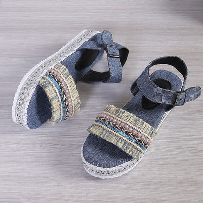 Fashion Tassel Denim Sandals With Thick-soled Flat Heel New Summer Hemp Rope Sole Ethnic Style Shoes For Women - CHRISTDEST GLOBAL SERVICE