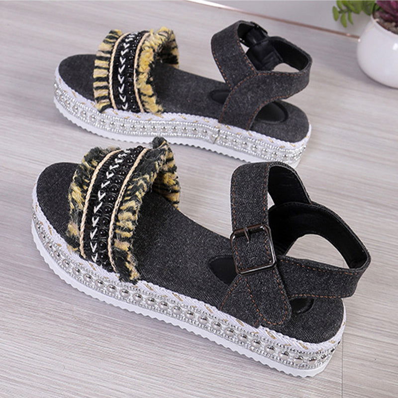 Fashion Tassel Denim Sandals With Thick-soled Flat Heel New Summer Hemp Rope Sole Ethnic Style Shoes For Women - CHRISTDEST GLOBAL SERVICE