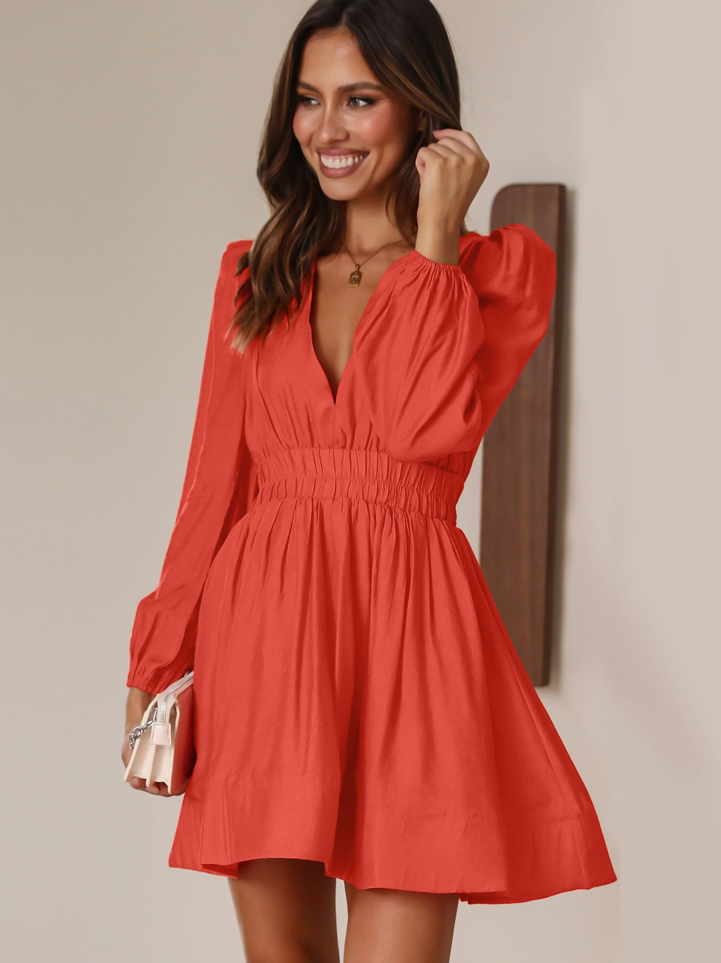 Fashion V-neck Dress Women's Elastic Waist Pleated Ruffled French Skirt Long Sleeve Short Dress - CHRISTDEST GLOBAL SERVICE