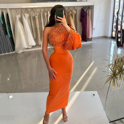 Fashionable Orange Mermaid Shiny Pretty Women's Evening Dresses Charming Graceful One Shoulder Prom Gowns Sequined Abiye Elbise - CHRISTDEST GLOBAL SERVICE