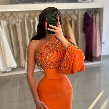 Fashionable Orange Mermaid Shiny Pretty Women's Evening Dresses Charming Graceful One Shoulder Prom Gowns Sequined Abiye Elbise - CHRISTDEST GLOBAL SERVICE