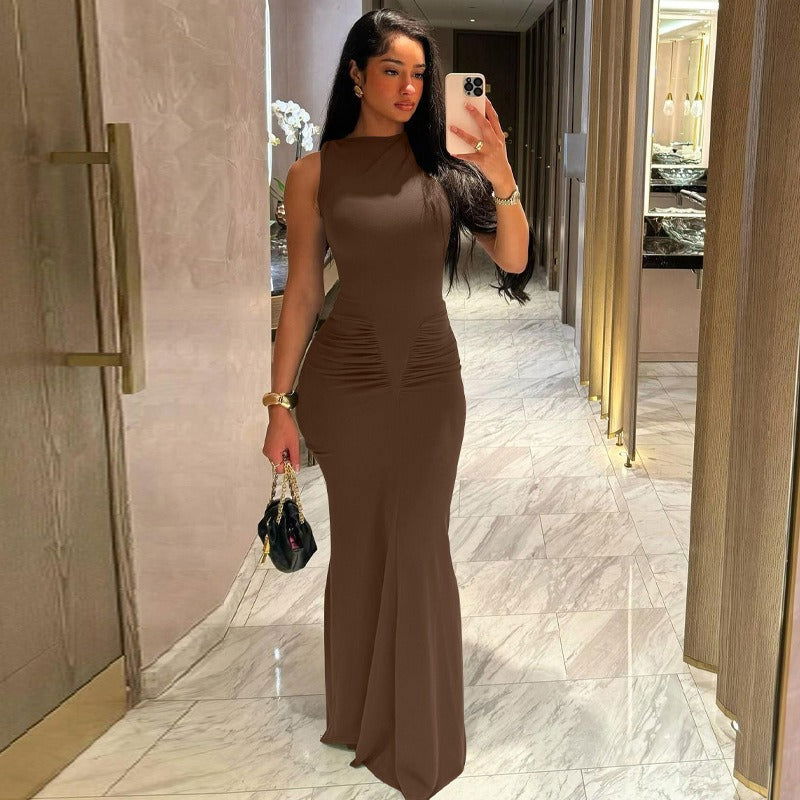 Fashionable temperament slim fit pleated solid color short sleeved dress - CHRISTDEST GLOBAL SERVICE