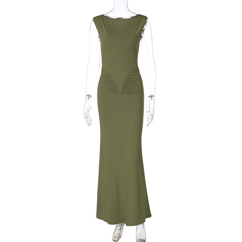 Fashionable temperament slim fit pleated solid color short sleeved dress - CHRISTDEST GLOBAL SERVICE