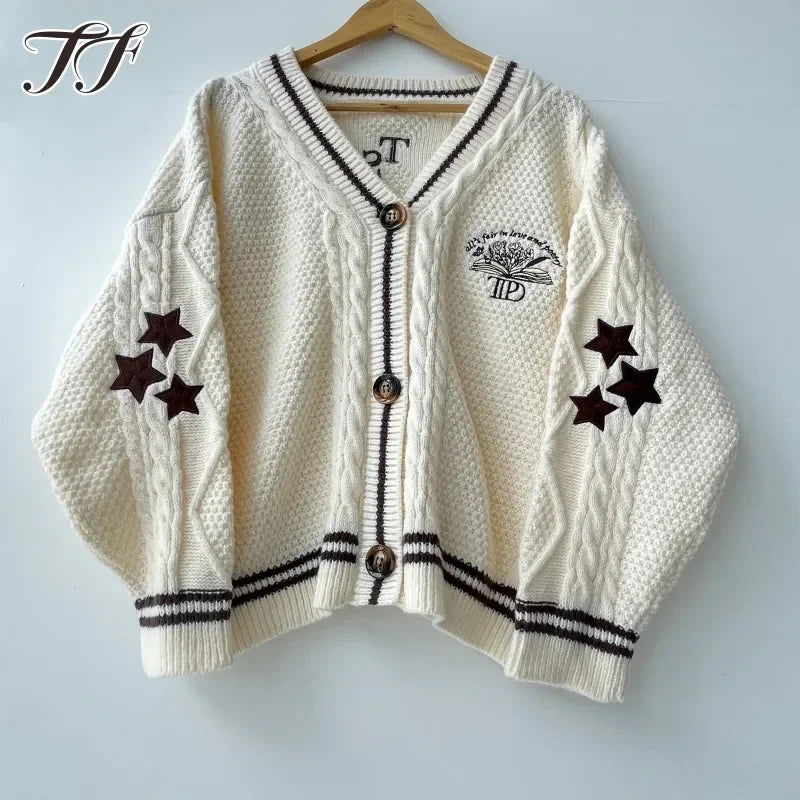Flowers Book Cardigans Women Soft Casual Knitted Cardigan with Star Embroidery Female Warm Fall Winter V Neck Sweater Tops Girl - CHRISTDEST GLOBAL SERVICE