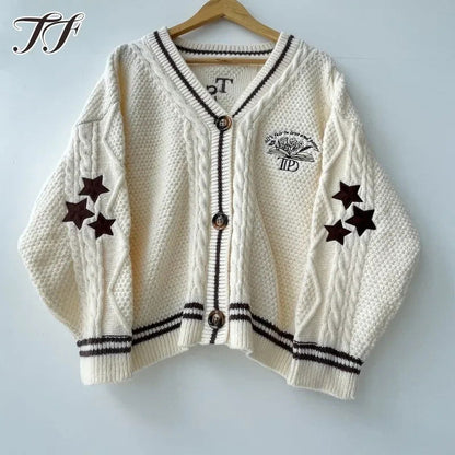 Flowers Book Cardigans Women Soft Casual Knitted Cardigan with Star Embroidery Female Warm Fall Winter V Neck Sweater Tops Girl - CHRISTDEST GLOBAL SERVICE