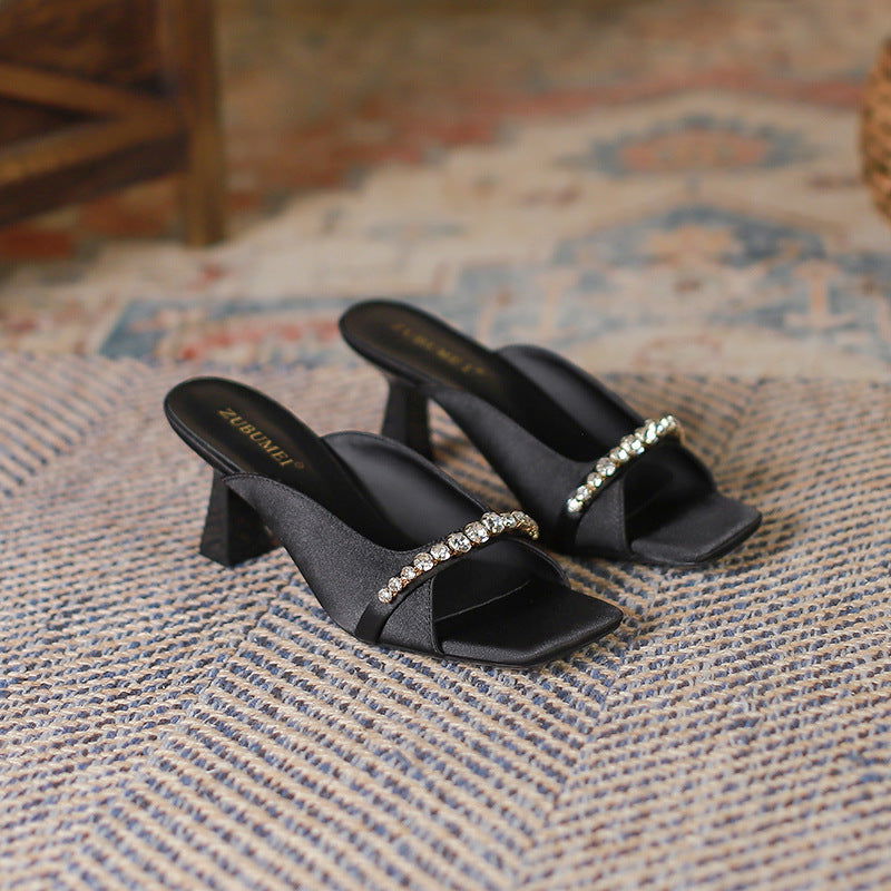 French Retro Women's Shoes Square Toe Open Toe High Heels Rhinestone - CHRISTDEST GLOBAL SERVICE