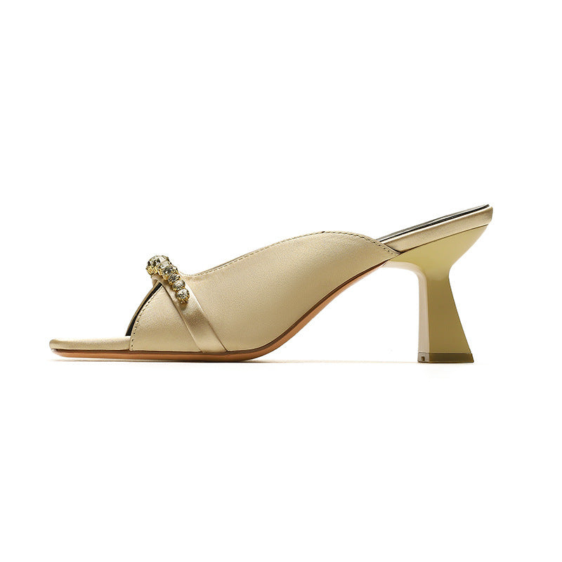 French Retro Women's Shoes Square Toe Open Toe High Heels Rhinestone - CHRISTDEST GLOBAL SERVICE