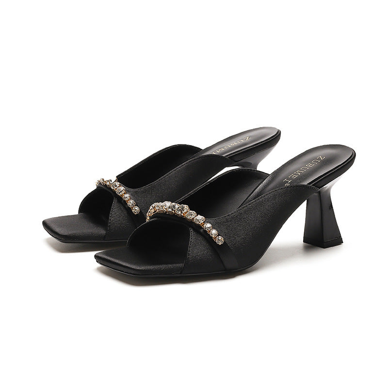 French Retro Women's Shoes Square Toe Open Toe High Heels Rhinestone - CHRISTDEST GLOBAL SERVICE
