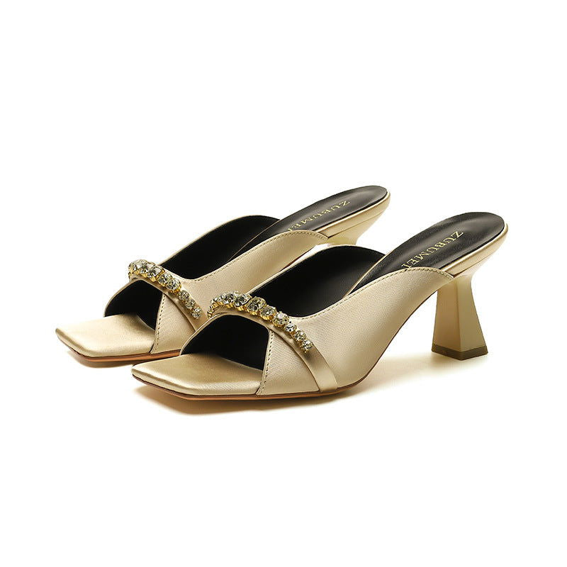 French Retro Women's Shoes Square Toe Open Toe High Heels Rhinestone - CHRISTDEST GLOBAL SERVICE