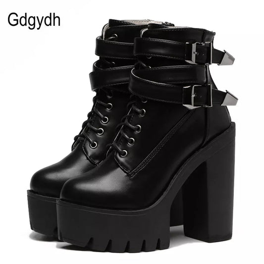 Gdgydh Spring Autumn Fashion Women Boots High Heels Platform Buckle Lace Up Leather Short Booties Black Ladies Shoes Promotion - CHRISTDEST GLOBAL SERVICE