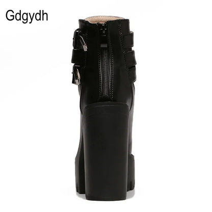 Gdgydh Spring Autumn Fashion Women Boots High Heels Platform Buckle Lace Up Leather Short Booties Black Ladies Shoes Promotion - CHRISTDEST GLOBAL SERVICE