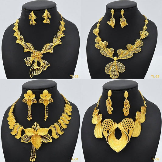 Gold Flower Necklace And Earrings Suite Brass Gold Plated Wedding Jewelry Batch - CHRISTDEST GLOBAL SERVICE