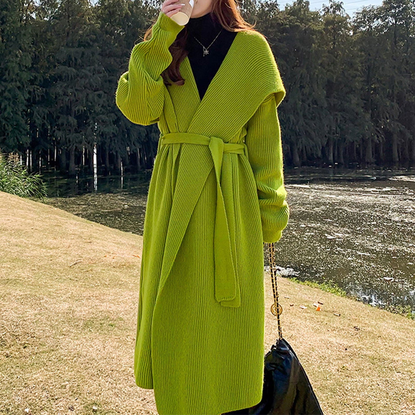 Green Alpaca Wool Sweater Coat Thickened Loose Knitted Cardigan Knitwear Handmade Clothing Hand Knit, Womens Clothing - CHRISTDEST GLOBAL SERVICE