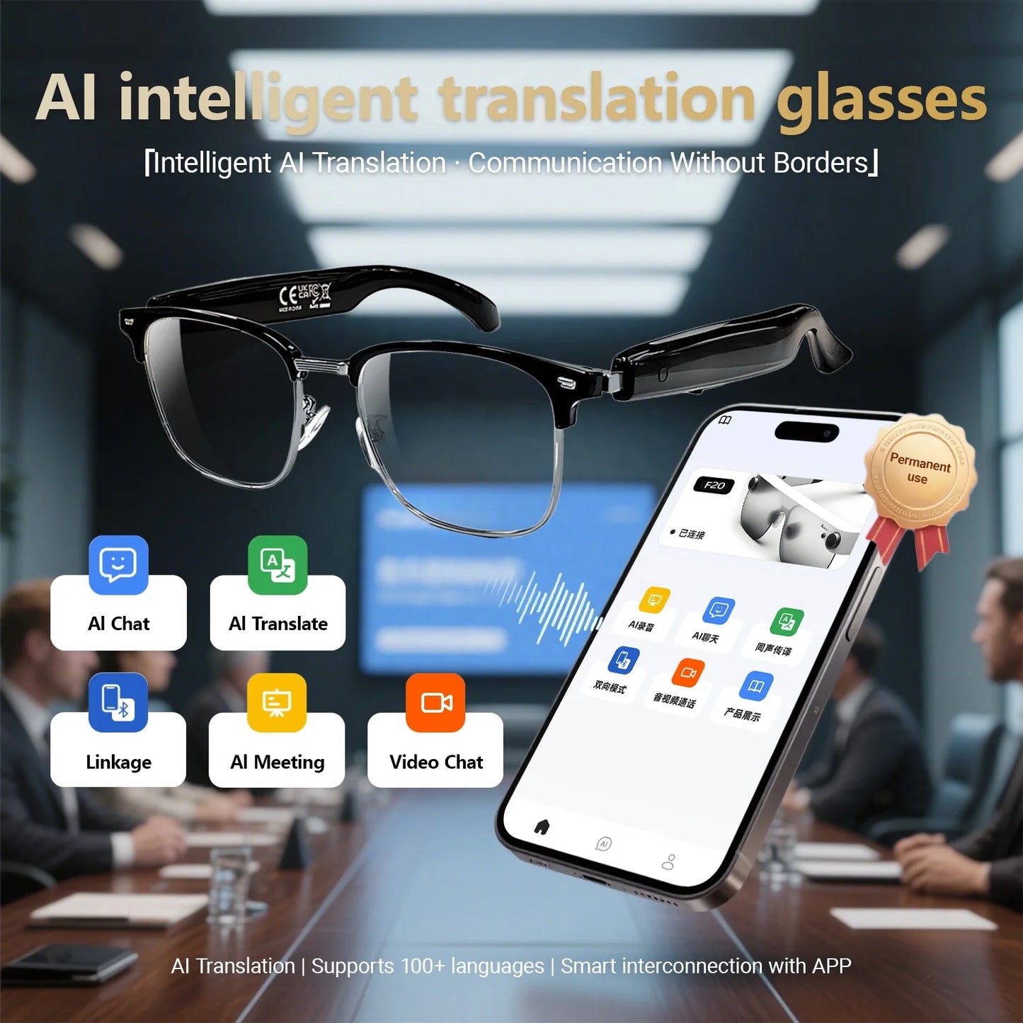 Ai Smart Glasses for Headphones Meta Glasses  Music Play Taking IP54 Waterproof Long Standby F20 Ai Glasses