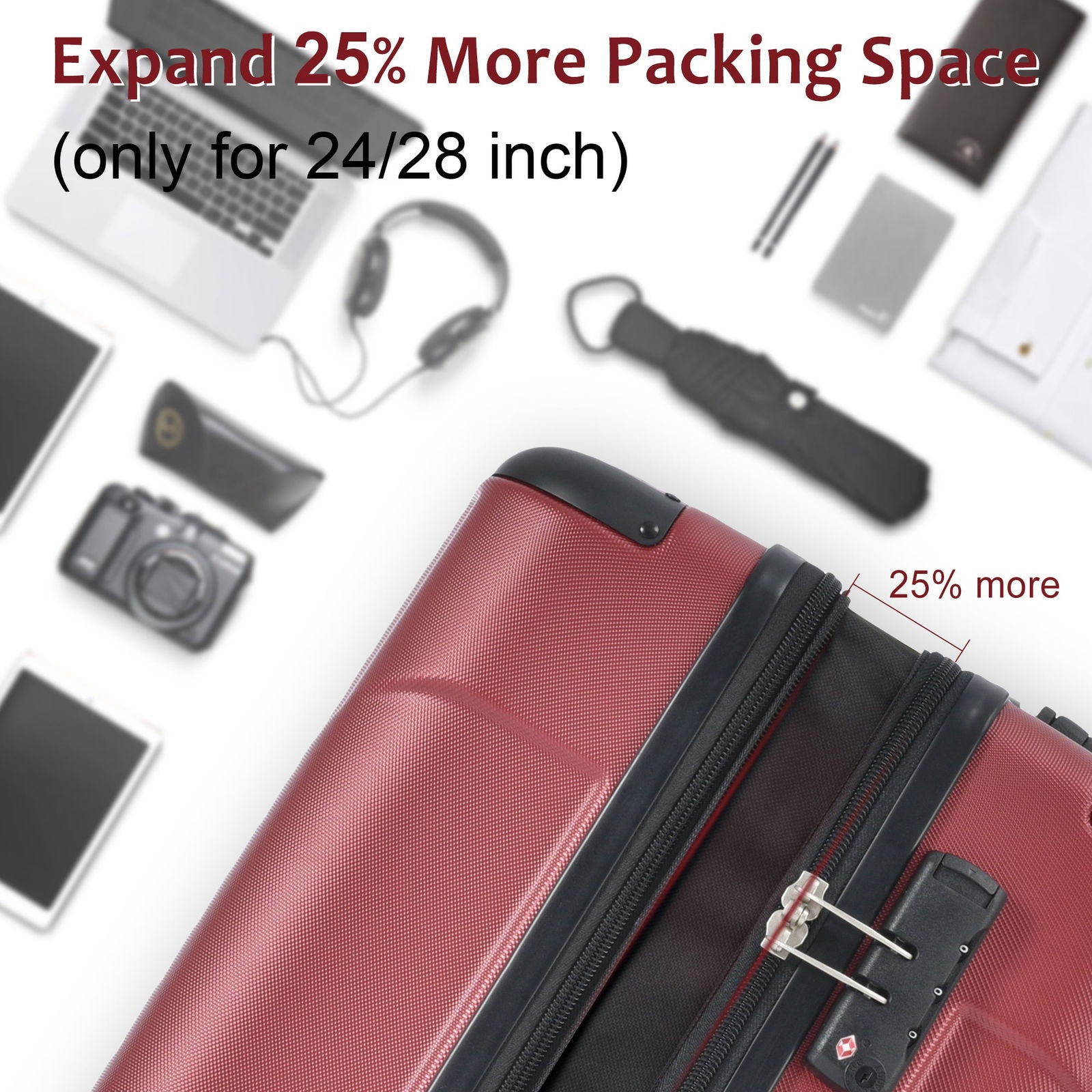Hardshell Luggage Spinner Suitcase with TSA Lock Lightweight Expandable 24'' (Single Luggage) Red + ABS + 24 Inch - CHRISTDEST GLOBAL SERVICE