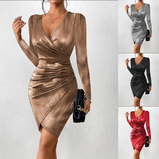 Hip-wrapped Fashion V-neck Slit Solid Color Dress Women - CHRISTDEST GLOBAL SERVICE